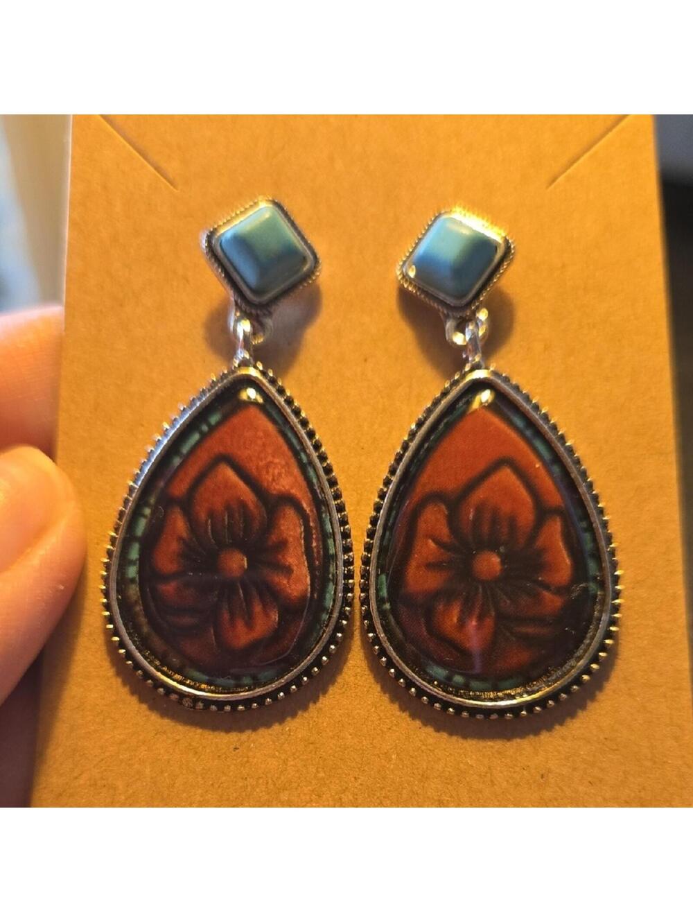 Western Vibe Blue Brown Teardrop Earrings New